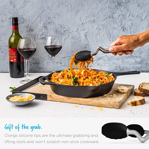 Clongs Grippy Silicone & Stainless Steel Kitchen Cooking Tongs with Click (Black / 12.4 inches)