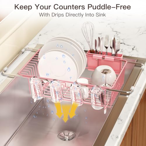 Pink Expandable Dish Drying Rack Over Sink with Anti (Pink / For 11.5"-16" W Sink with Cup Holder)