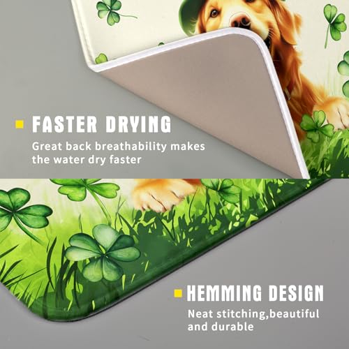 St Patrick's Day Dog Dish Drying Mat 16x18 inch Green Shamrock Dishes Pad Absorbent Microfiber Dish Drainer Mat for Kitchen Counter Coffee (Shamrock Dog / 16" x 18")