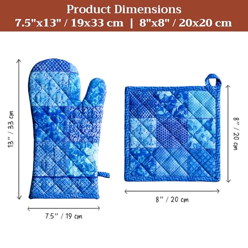 100% Cotton Oven Mitt & Pot Holder Set (027 - Indigo Love / 7.5" x 13" & 8" x 8" (Oven Mitt & Pot Holder))