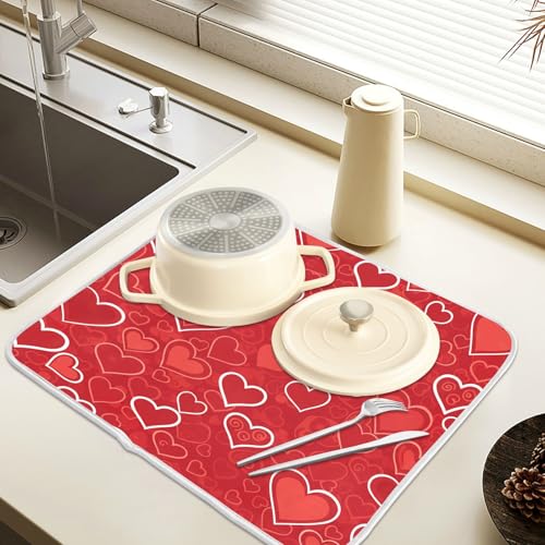 Red Hearts Cute Dish Drying Mat for Kitchen Counter Absorbent Microfiber Small Drying Pad Dish Mats for Kitchen Countertops 16 x 18 Inch (18" x 16")