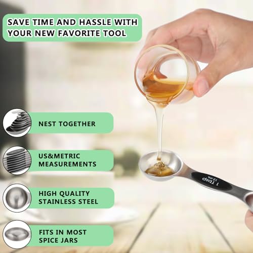 Magnetic Measuring Spoons Set of 9 Stainless Steel Dual Sided Teaspoon
