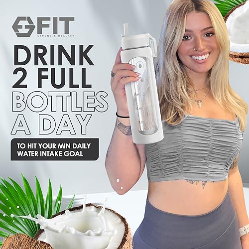 Glass Water Bottle 32 oz with Straw Lid & Time Marker (White Sleeve)