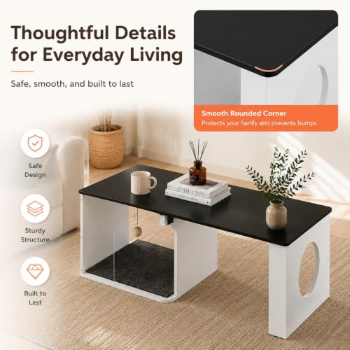 Coffee Table Cat House with Cat Scratcher Pad + Ball (Urban White / 47" with Shelf)