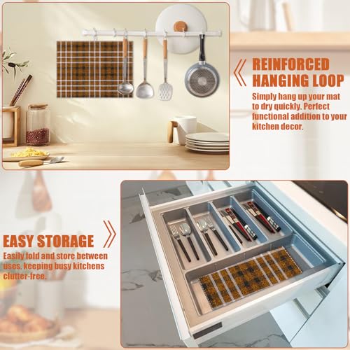 Brown Plaid Dish Drying Mat for Kitchen Counter Microfiber Absorbent Dish Kitchen Drying Mat Draining Reusable Washable for Dishes