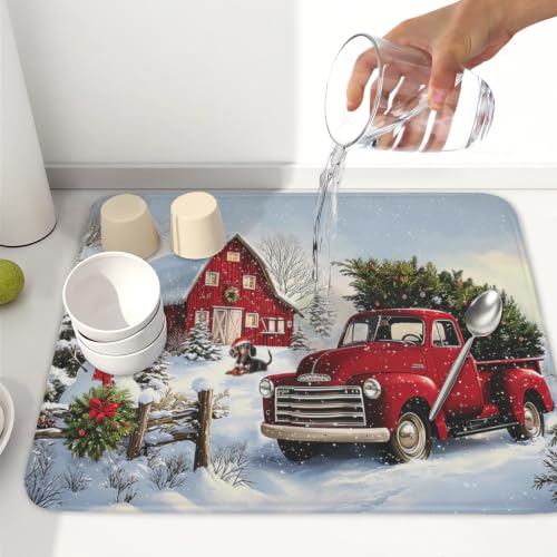 Red Truck Dish Drying Mat Winter Xmas Tree Drainer Rack Pad 16"x18" Microfiber Absorbent Quick Dry Dish Sink Mat for Table Kitchen Counter (Red Truck Snowman / 16x18 inch)
