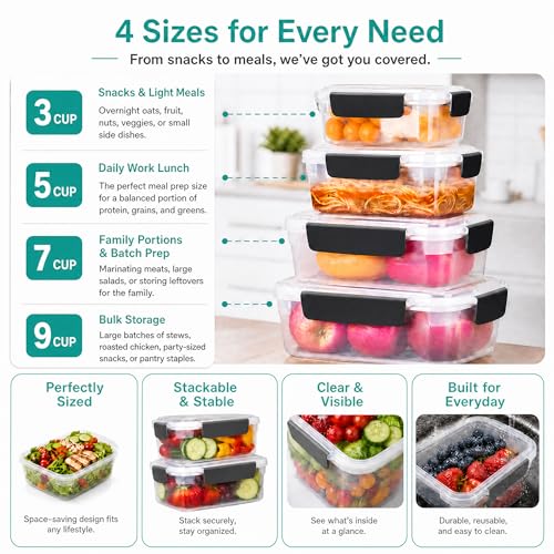 5cup Plastic Food Storage Containers With Lids For Lunch Meal Prep (5 cups)