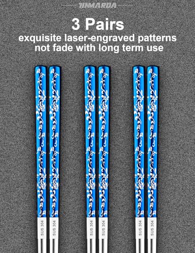 Metal Chopsticks Reusable (Floral Blue 3 Pairs)