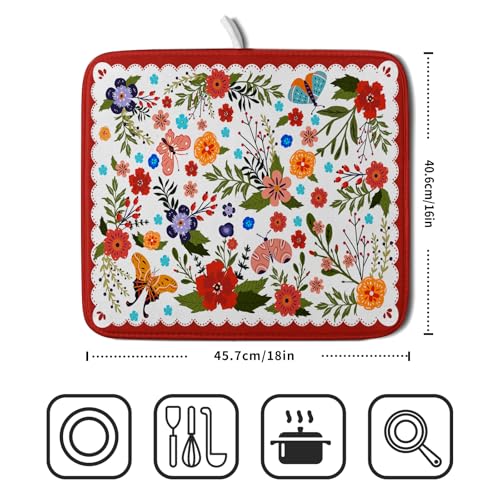Flowers Printed Dish Drying Mat Floral Coffee Mat for Kitchen Counter Small (Light Flowers Red / 18" x 16")