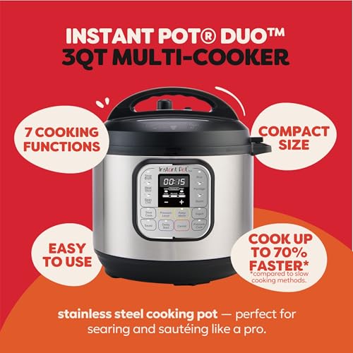 Duo 7-in-1 Mini Electric Pressure Cooker, Slow Rice Cooker, Steamer, Sauté, Yogurt Maker, Warmer & Sterilizer, Includes Free App with over 1900 Recipes, Stainless Steel, 3 Quart (3 Quarts)