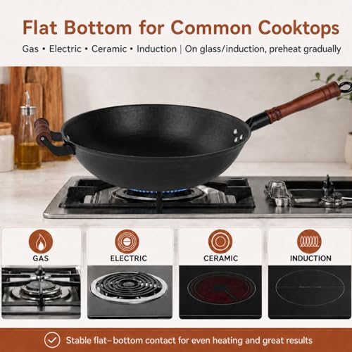 Cast Iron Wok Pan with Wooden Lid (13.4 Inch)