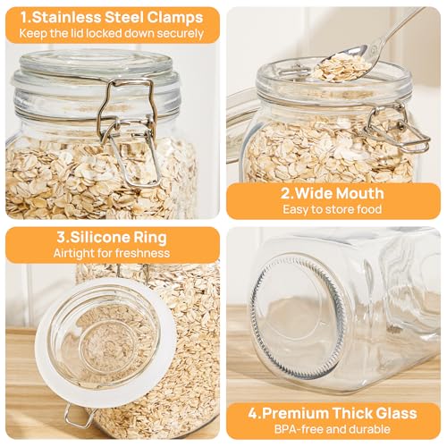 50oz Glass Food Storage Jars with Airtight Clamp Lids (4.5" x 4.5" x 7.9")