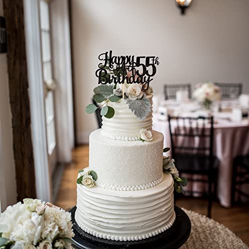 1 PCS Happy 55th Birthday Cake Topper Glitter Cheers to 55 Years Birthday Cake Pick 55 Fabulous Cake Decoration for Happy 55th Birthday Theme Party Decorations Supplies Black (Black / 55th)