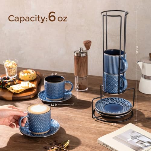 6 OZ Coffee Mugs with Saucer and Stand (Moonlight Blue / 6 Ounce (With Stand))