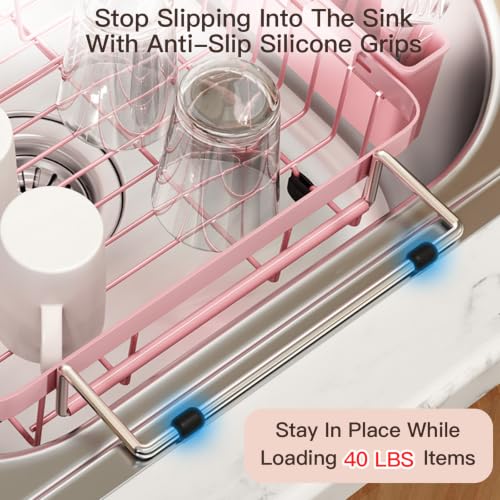 Pink Expandable Dish Drying Rack Over Sink with Extra Drying Mat (Pink / For 13"-30" W Sink with Mat)
