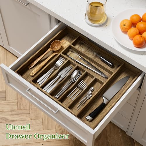 Acacia Wood Kitchen Silverware Drawer Organizer (9 Slots)