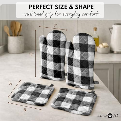 Buffalo Plaid Check Oven Mitts and Pot Holders Set of 4 (Buffalo, Black)