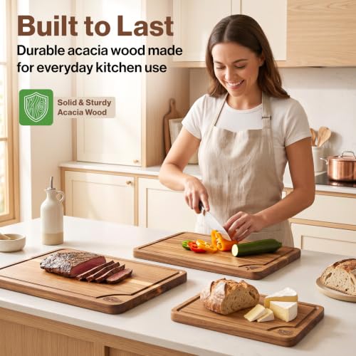 Acacia Wood Cutting Boards for Kitchen Set of 3 (3 Pack Beeswax no Stand)