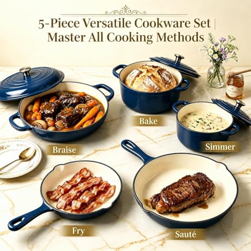 5 Piece Navy Blue Enameled Cast Iron Cookware Set (Navy Blue B)