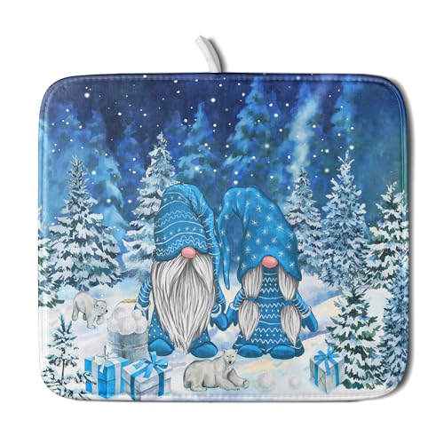 Winter Blue Gnome Dish Drying Mat for Kitchen Counter Pine Tree Microfiber Dish Pad Absorbent Reversible Fast Dry Draining Mats 16x18 Inch (Blue Winter Gnome / 16" x 18")