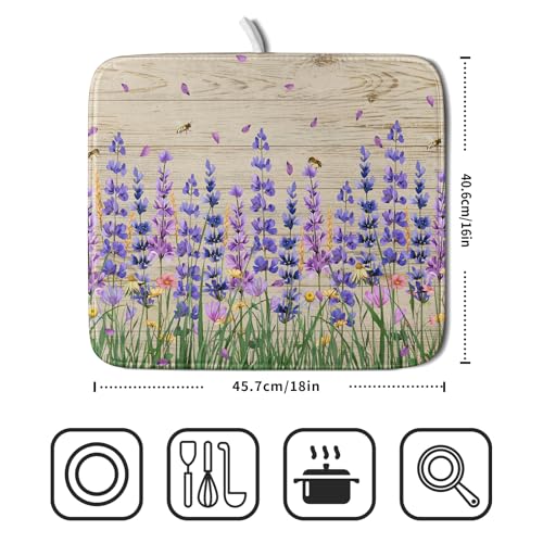 Lavender Floral Dish Drying Mat 16x18 inch Spring Summer Flower Decorative Fast Dry Dishes Drainer Mats Reversible Washable Dish Rack Pad (Lavender Floral / 16" x 18")