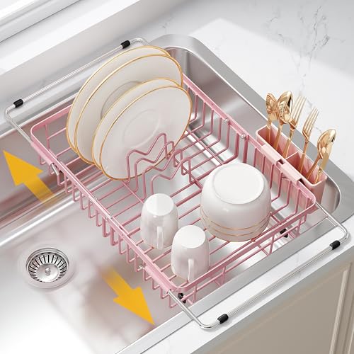 Pink Dish Drying Rack Over the Sink with Utensil Holder (Pink / For 12.5"-30"w Sink, Expandable)