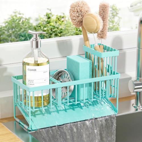 Kitchen Sink Caddy Organzier with High Brush Holder (Turquoise / 9.25 inches)