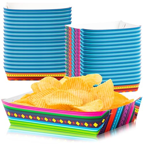Mexican Taco Nights Food Trays 100Pcs Mexican Nacho Popcorn Unassembled Trays Snack Candy Holder Disposable Paper Plates Holiaday Carnival Party Supplies Concession Stand Food Containers (Mexican Blue)