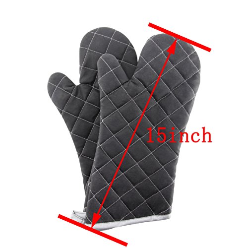 15" 482°F Terry Cloth Oven Mitts 100% Cotton Set of 2 (Black / 15 inch)