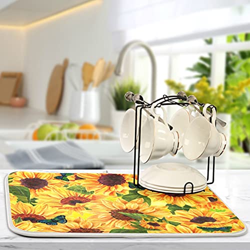 Super Absorbent Dish Drying Mat Microfiber Fast (Sunflowers Blue Butterflies / 18" x 24")