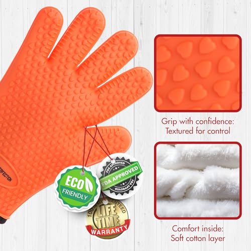 Silicone Griddle Grill Gloves Heat Resistant Oven Mitts (Blaze Orange / One Size)
