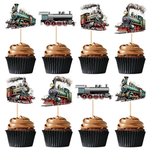 24Pcs Train Transportation Cupcake Toppers Vintage Locomotiv Cupcake Picks for Retro Train Boys Girls Birthday Party Baby Shower Cupcake Decorations Train Transportation Party Decors (Brown)