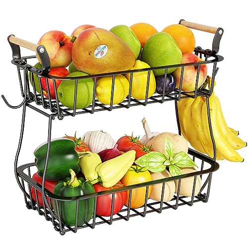 2 Tier Fruit Basket with 2 Banana Hangers (Black (2 Tier with Banana Hangers))