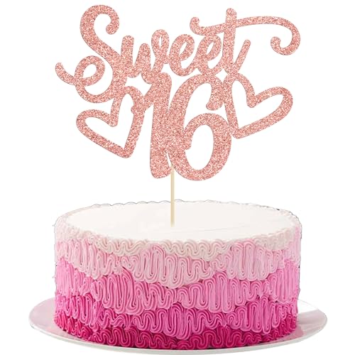 1Pc Sweet Teenager 16 Cake Topper Glitter 16th Birthday Cake Pick for Cheers to 16 Years Old 16th Birthday Party Cake Decorations Supplies Rose Gold