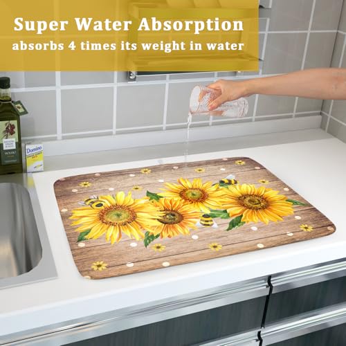 Sunflower Bee Dish Drying Mat for Kitchen Counter Home 18x24 Inch Wood Barn Microfiber Drainer Rack Mats Washable Absorbent Dish Dry Pad (Sunflower Bee Wood / 24" x 18")