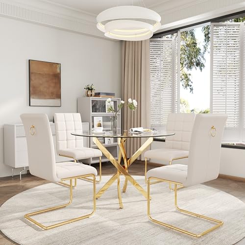 5 Piece Round Glass Dining Table Set (Round Table - 4 Gold White Chairs)