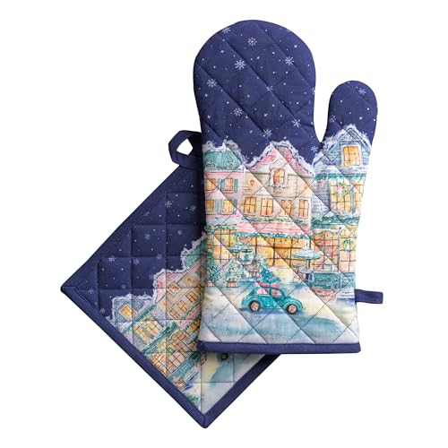 100% Cotton Oven Mitt & Pot Holder Set (123 - Christmas Market - Blue / 7.5" x 13" & 8" x 8" (Oven Mitt & Pot Holder))