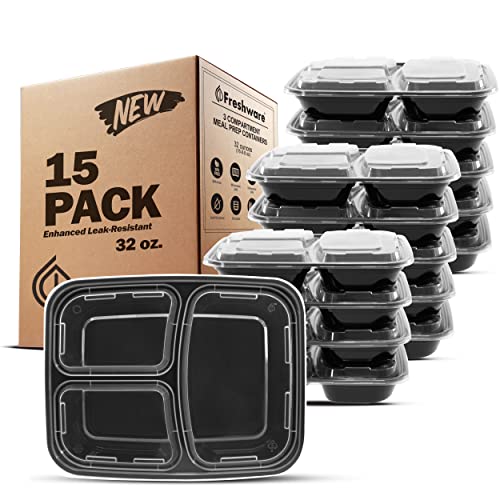 Meal Prep Containers with Lids [15 Pack] 3 Compartment (Black / 3-COMP-32OZ-15PK)