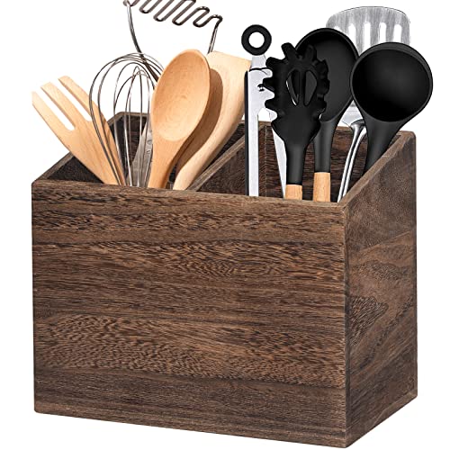 Wooden Kitchen Utensil Caddy With 2 Compartments