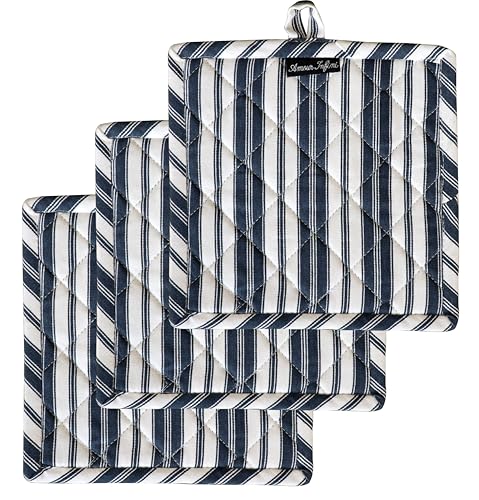 Double Stripe Pot Holders Heat Resistant Cotton Set of 3 Nonslip 8"x8" Inch Hot Pads for Kitchen (8x8 inches / Double Stripe Blue)