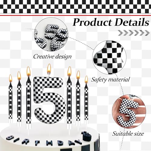13 Pcs Racing Cars Themed Birthday Candles Black and White Race Number 5 Checkered Candle Cake Topper for Racing Car Party Decoration Supplies (13 Count)