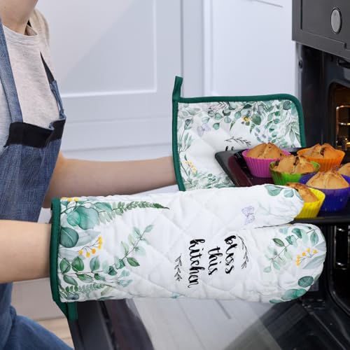 Eucalyptus Leaf Oven Mitts and Pot Holders Set (Eucalyptus / Oven Mitt x2 & Pot Holder x2)