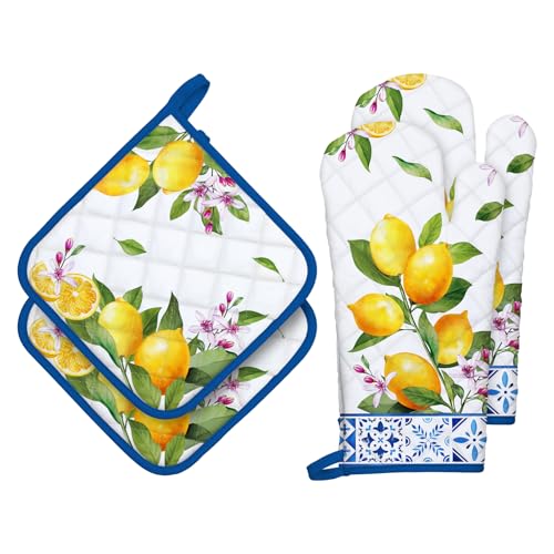 Summer Lemon Oven Mitts and Pot Holders Set (Lemon / Oven Mitt x2 & Pot Holder x2)