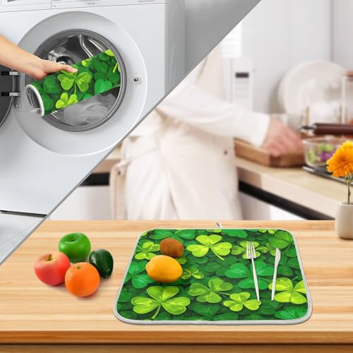 Patricks Day Shamrocks Lucky Clover Leaves Dish Drying Mat for Kitchen Counter Absorbent Microfiber Small Drying Pad Dish Mats for Kitchen Countertops 16 x 18 Inch (18" x 16")