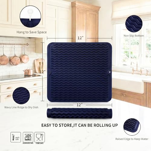 Silicone Dish Drying Mat for Multiple Usage (Navy Blue / 12"L x 12"W)