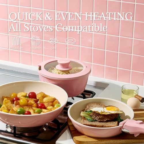 Ceramic Cookware Set Non Stick 8Pcs Pots and Pans Set Removable Handle Induction Kitchen Cookware Set with Frying Pans Oven Safe (Light Pink)