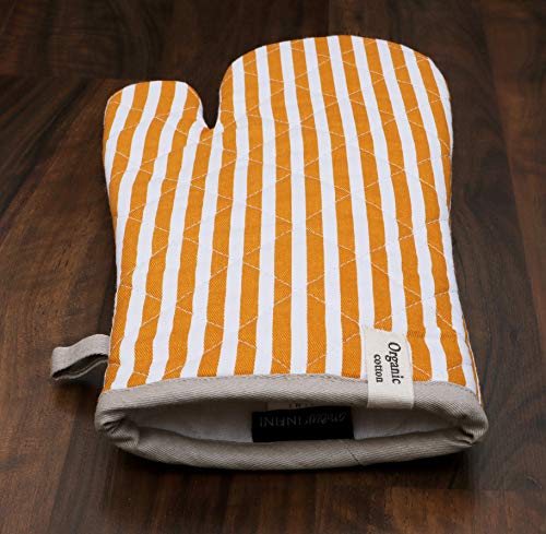 Cotton Oven Mitts Set of 1 with Hanging Loop Non (7x13 inches / Stripe Yellow)
