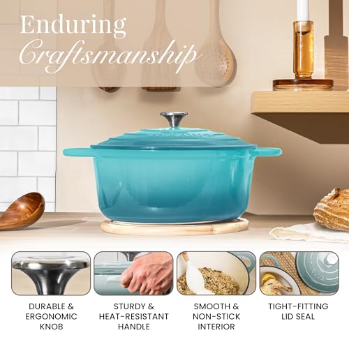 Enamelled Cast Iron Dutch Oven Pot with Lid (Teal / 6.4-Quart - Deep)