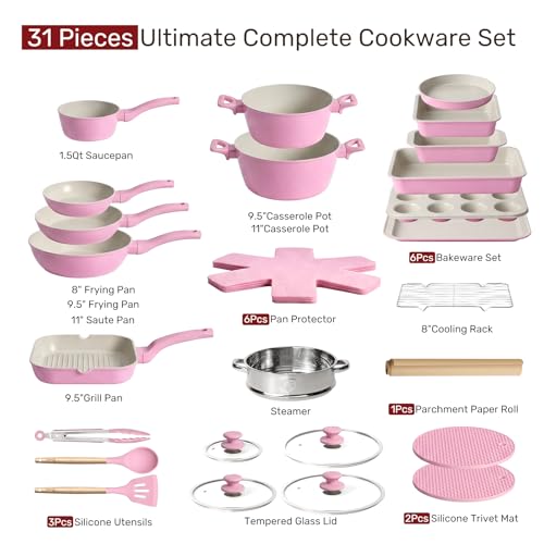 31 Piece Pots and Pans Set Non Stick Kitchen Cookware Sets (Pink&White / 31 Pieces)