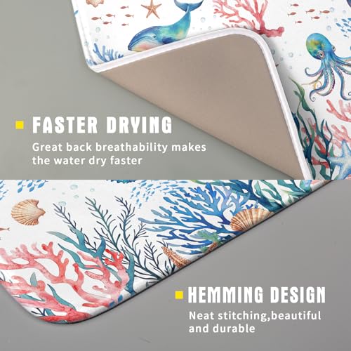 Coastal Ocean Dish Drying Mat Seahorse Whales Drainer Rack Mats 16"x18" Absorbent Microfiber Dish Drying Pad Protector for Kitchen Counter (Coral Ocean / 16" x 18")